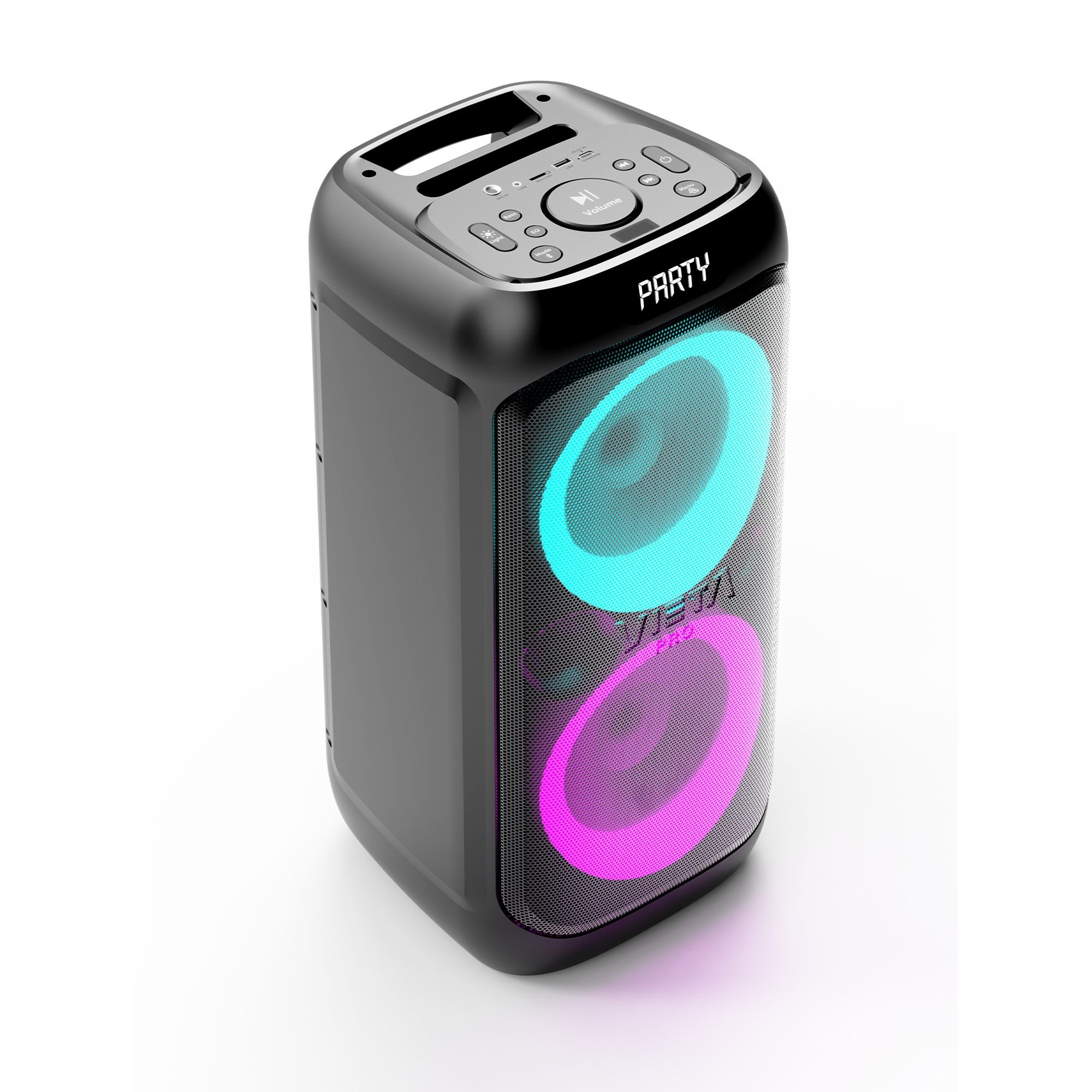 Altavoz de fiesta negro con iluminación LED azul y rosa, controles superiores y asa de transporte.