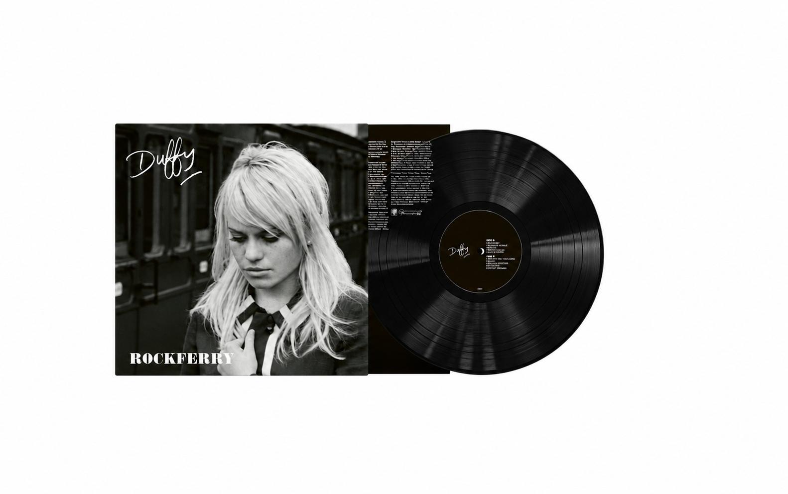 Schwarz-weißes Duffy 'Rockferry' Albumcover mit Vinyl-Schallplatte.