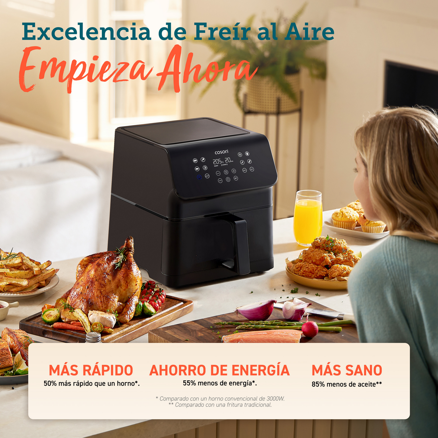 Freidora de aire - Cosori Premium II con revestimiento cerámico, 6.2 l, 1700 W, 205 °C, Negro