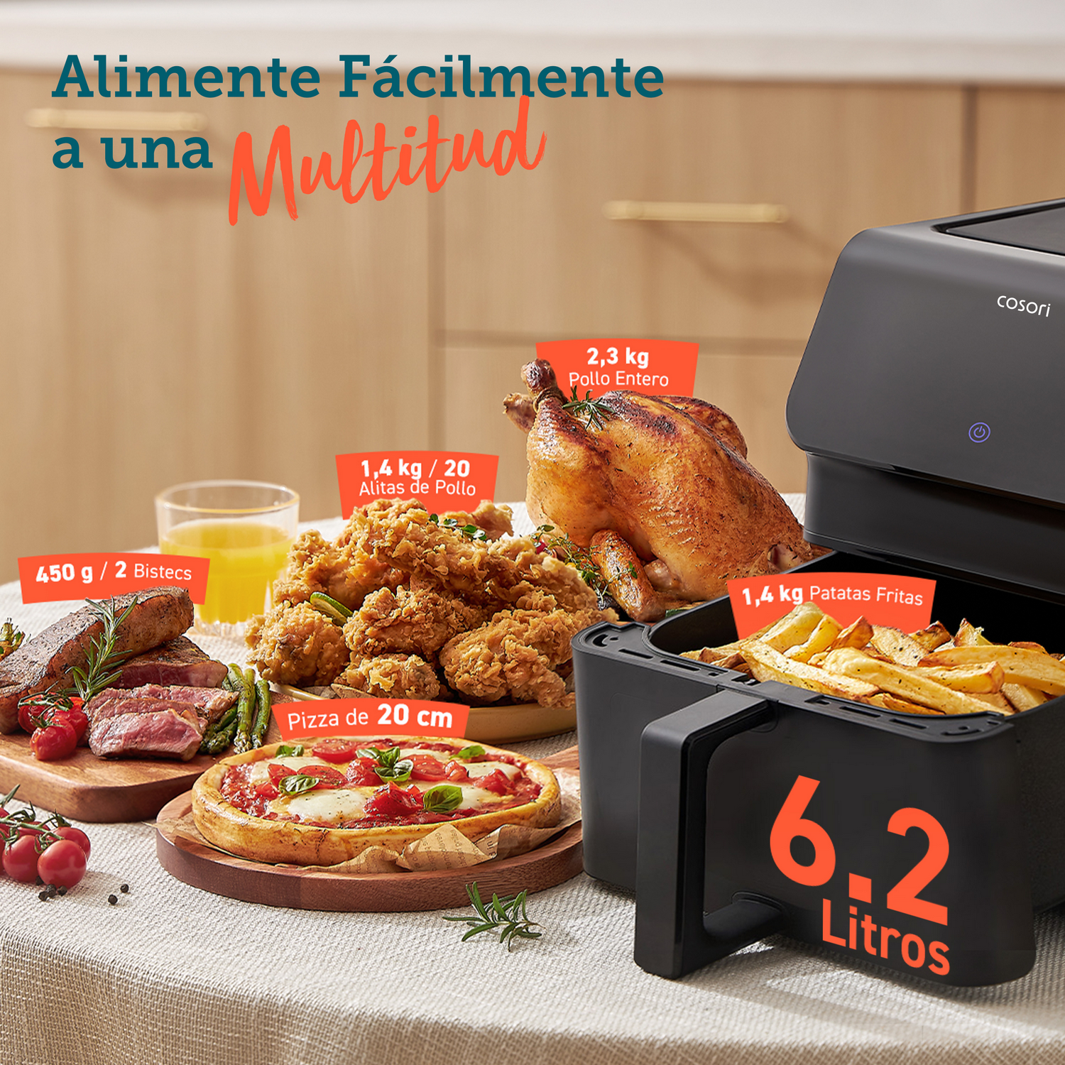 Freidora de aire - Cosori Premium II con revestimiento cerámico, 6.2 l, 1700 W, 205 °C, Negro
