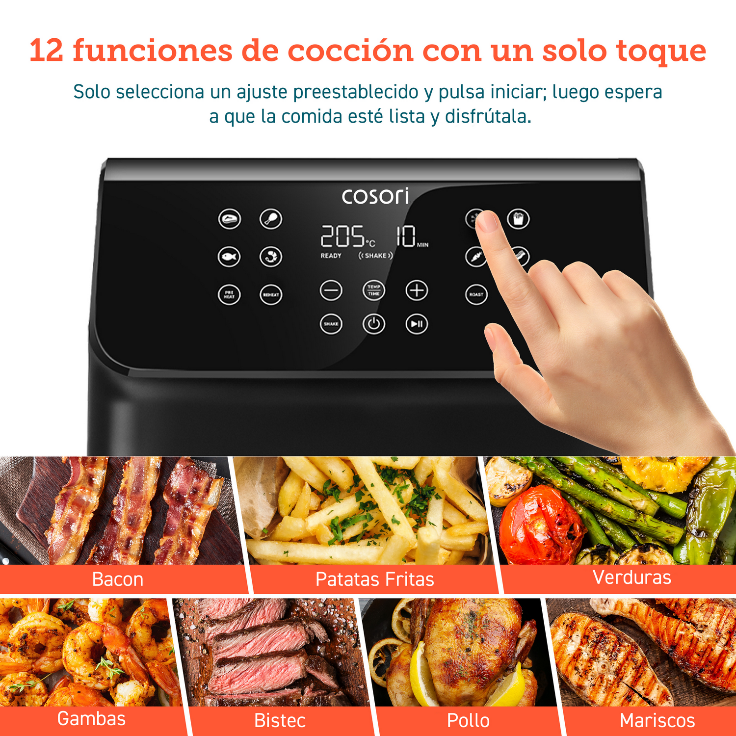 Freidora de aire - Cosori Premium II con revestimiento cerámico, 6.2 l, 1700 W, 205 °C, Negro