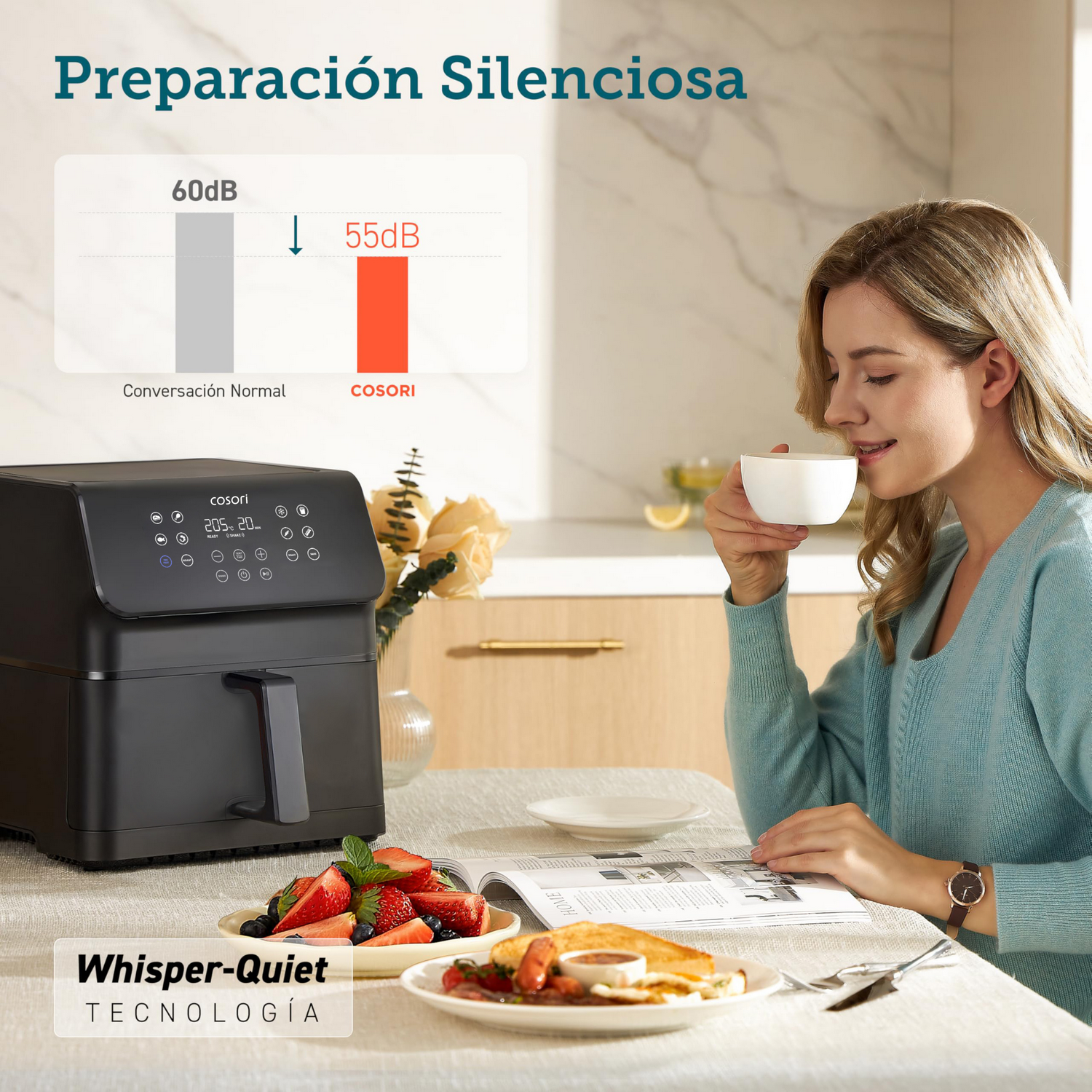 Freidora de aire - Cosori Premium II con revestimiento cerámico, 6.2 l, 1700 W, 205 °C, Negro