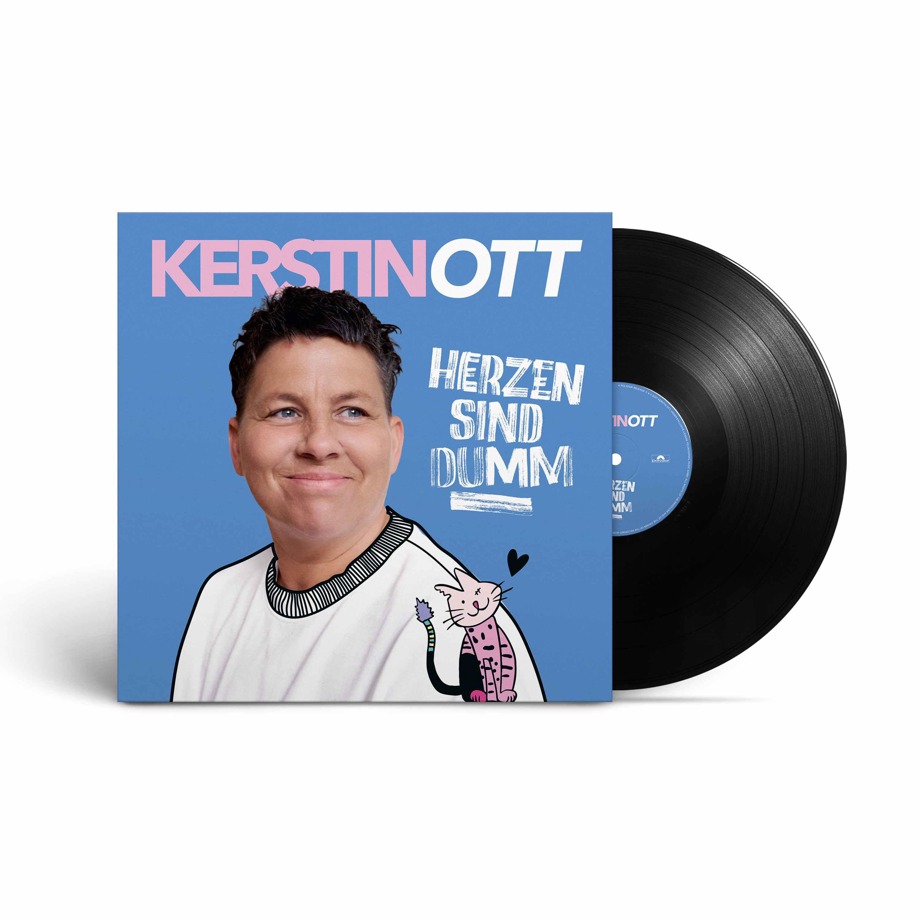 Vinyl-Schallplatte mit blauem Cover, Porträt von Kerstin Ott und pinkem Katzenillustration.