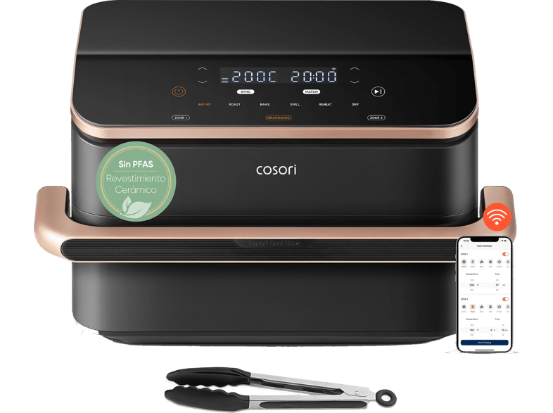 Freidora de aire - Cosori Dual Blaze Twinfry, Con revestimiento cerámico 6 en 1, 10 l, 2800 W, Doble cesta, Hasta 240 °C, Gris