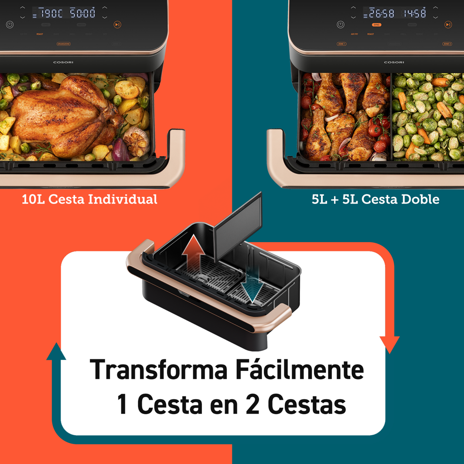 Freidora de aire con cesta individual de 10L y cesta doble de 5+5L.