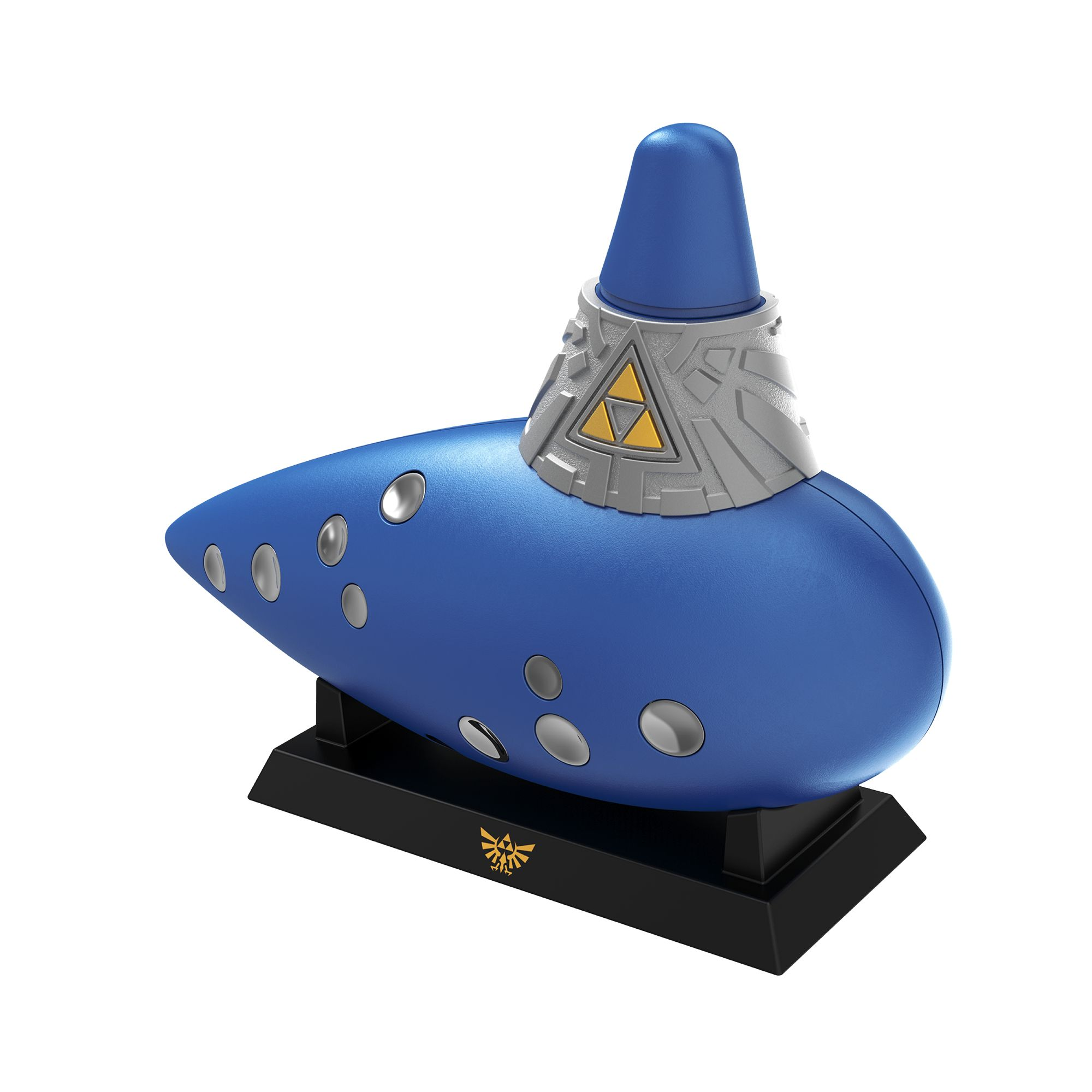 Blaue Okarina mit grauen und goldenen Verzierungen, auf einem schwarzen Ständer vor weißem Hintergrund.