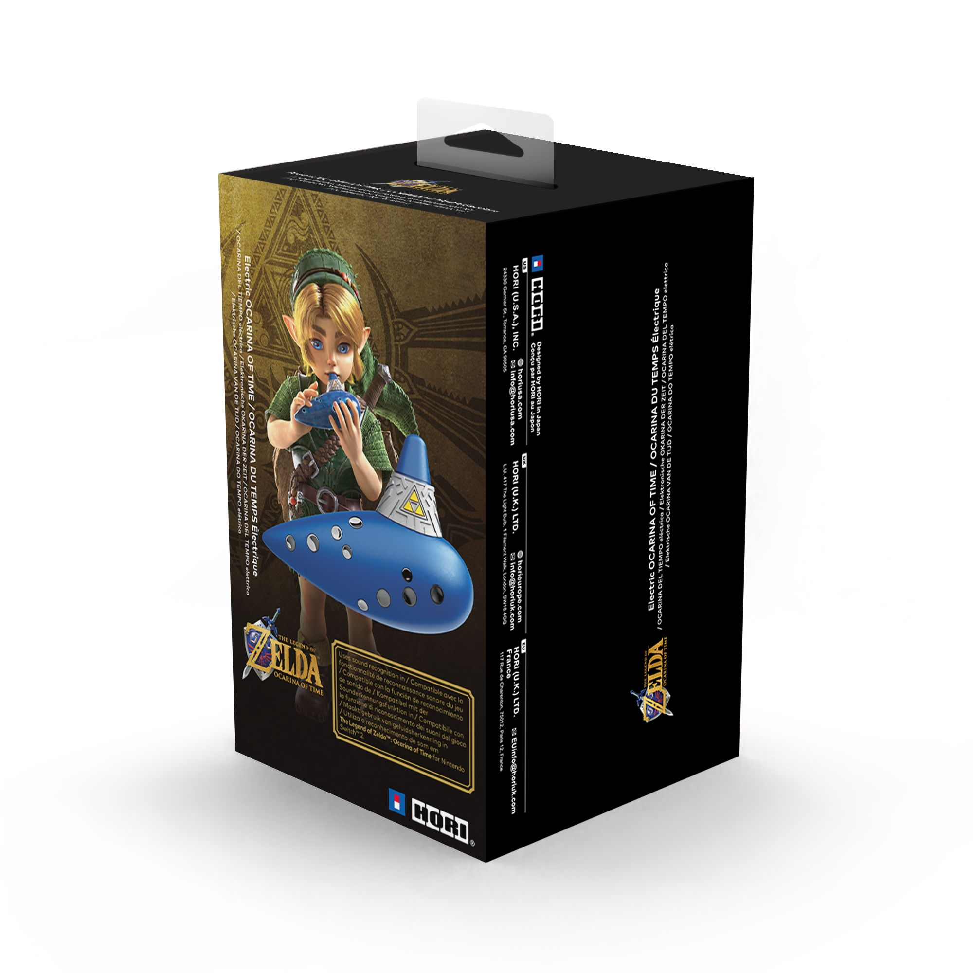 Schwarze Zelda Ocarina of Time Verpackung mit blauem Okarina-Modell und Link-Grafik.