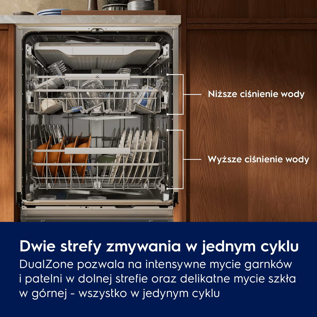 Otwarta zmywarka z załadowanymi koszami i opisem stref ciśnienia wody.