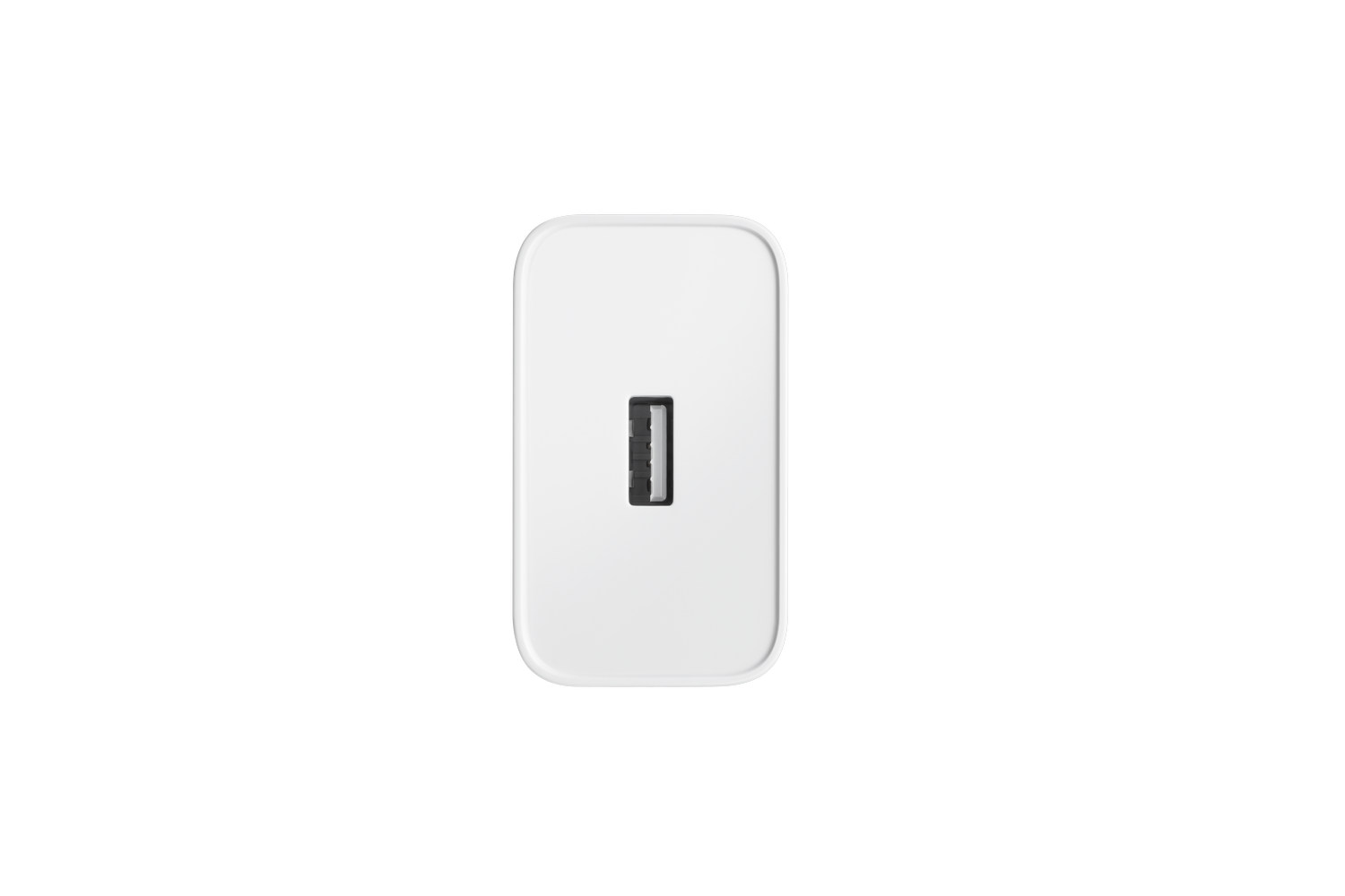 Un adaptador de corriente USB blanco con un solo puerto USB sobre un fondo negro.