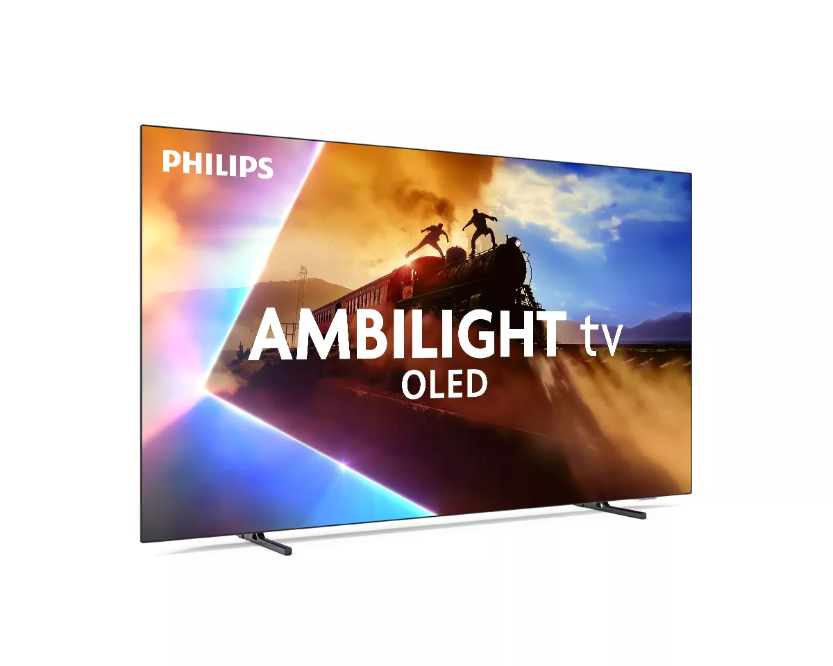 Un televisor Philips Ambilight OLED muestra una escena de película con un tren en movimiento y figuras en su techo.