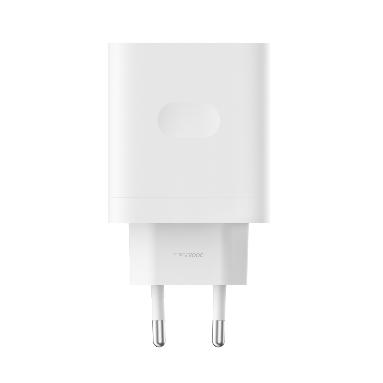 Un adaptador de corriente SuperVOOC blanco con dos clavijas redondas sobre fondo blanco.