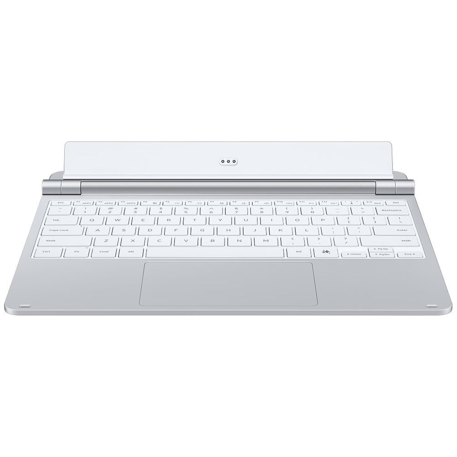 Een zilveren draadloos toetsenbord met witte toetsen en een groot trackpad op een witte achtergrond.