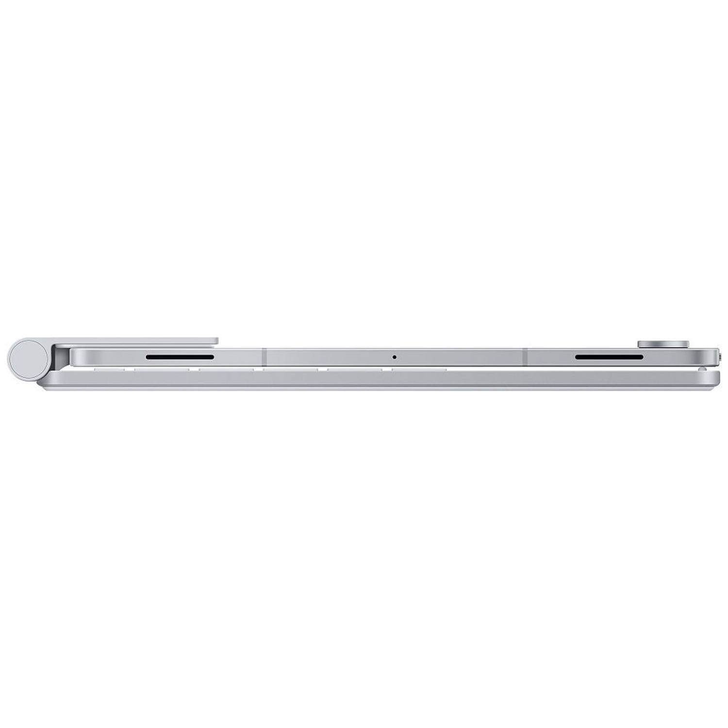Zijaanzicht van een zilveren tablet met toetsenbordhoes op een witte achtergrond.