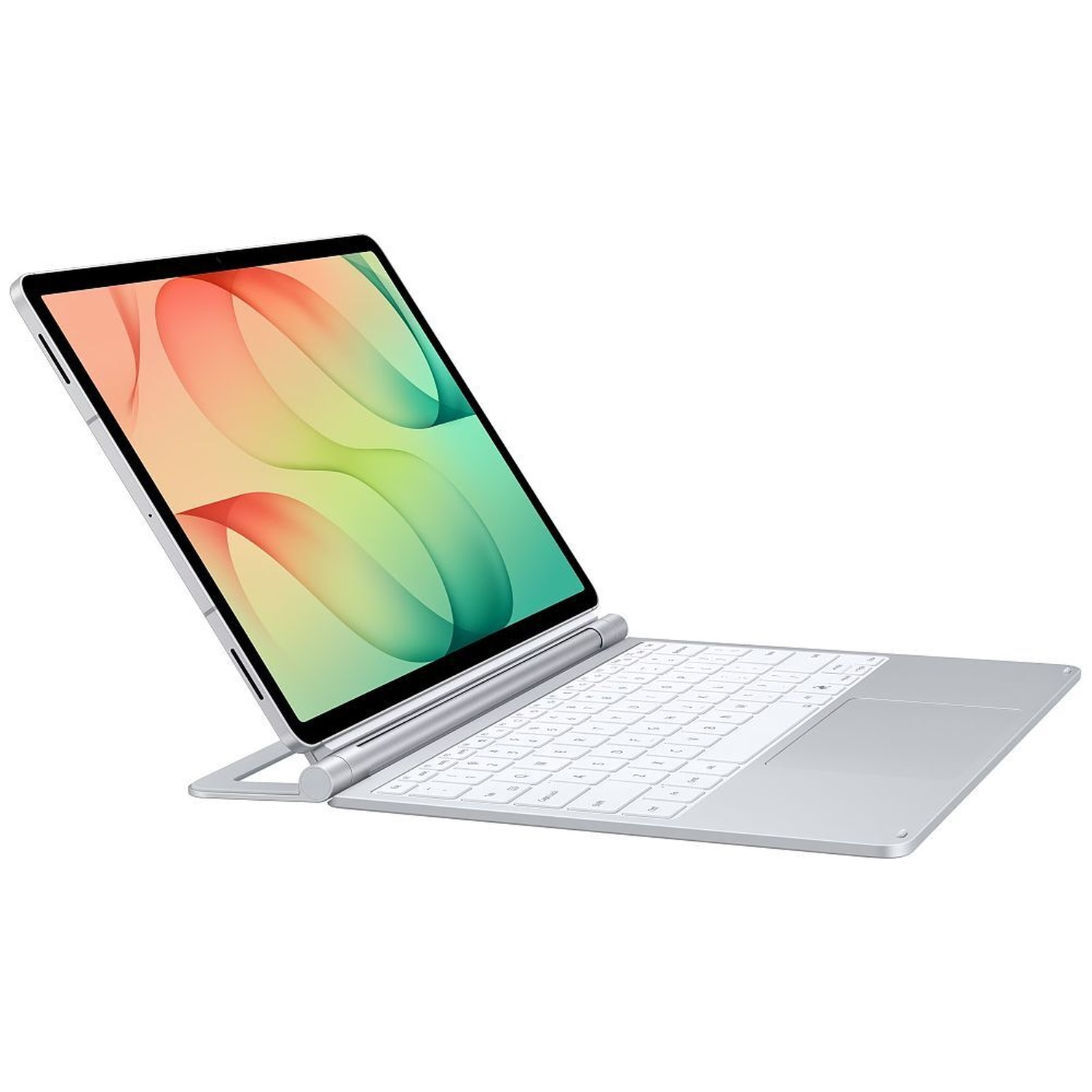 Een zilveren tablet met een kleurrijk abstract display is bevestigd aan een bijpassend wit toetsenbord.