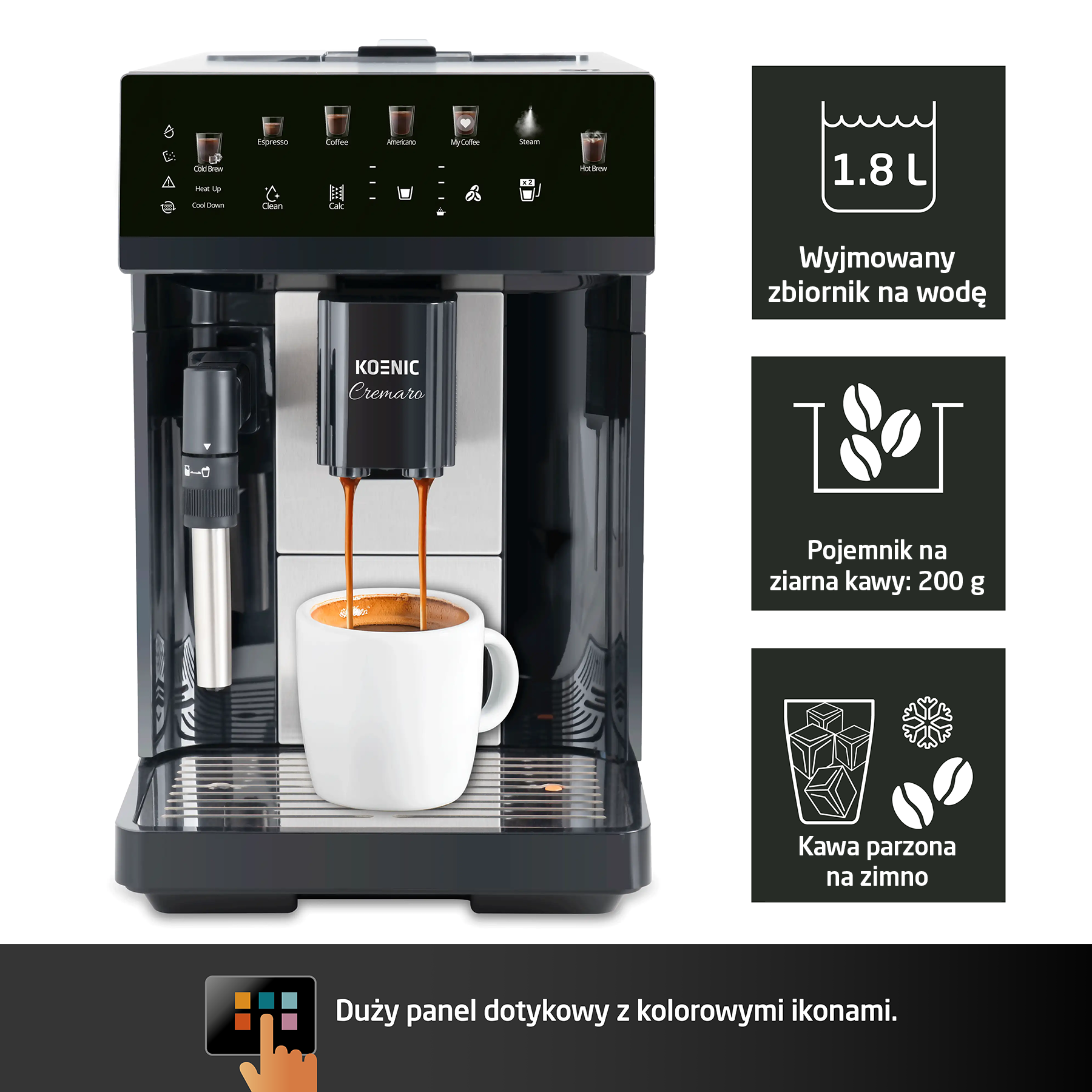 Ekspres ciśnieniowy KOENIC Cremaro KCAM 1518026 B Moc 1725W 15 bar Cold Brew Czarny