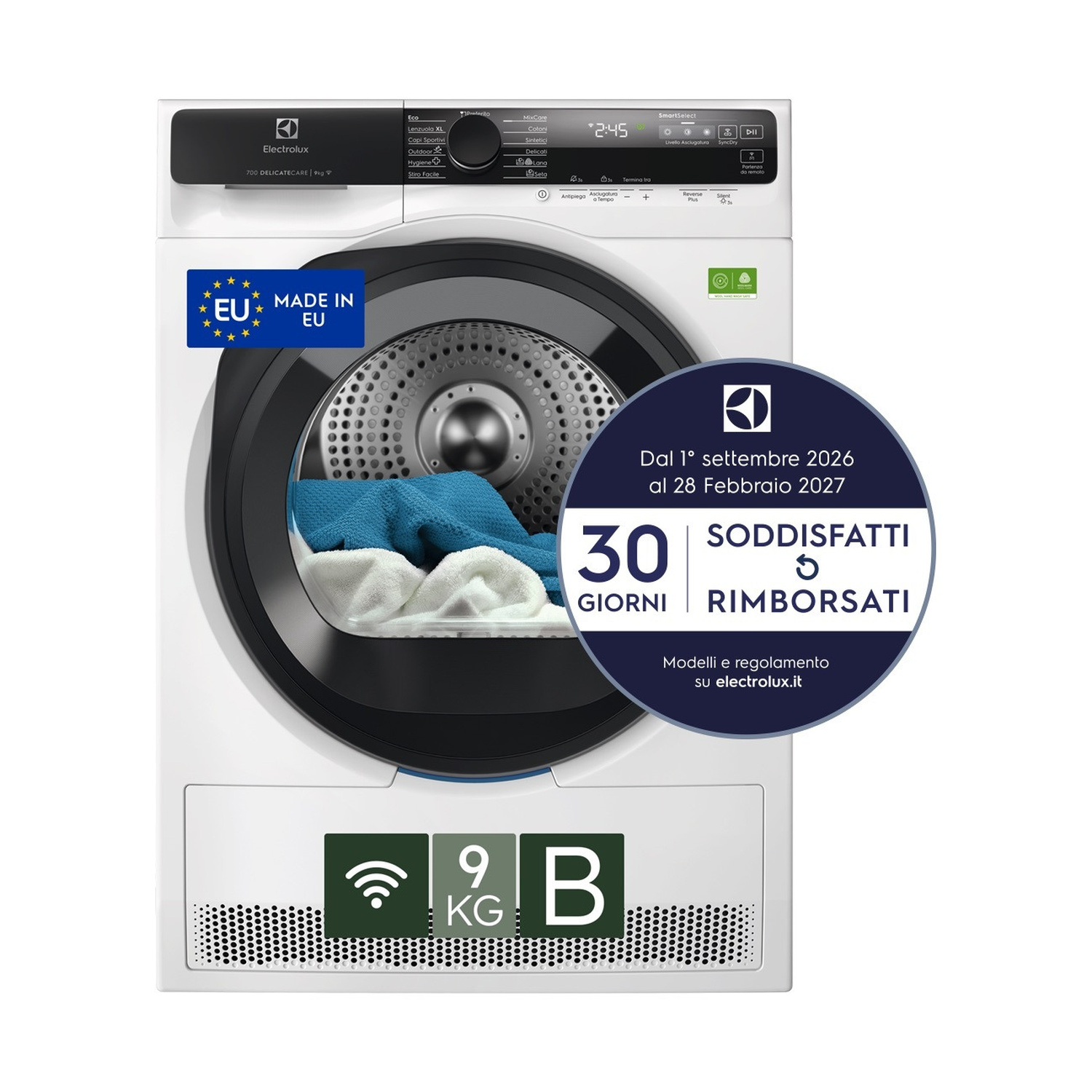 ASCIUGATRICE ELECTROLUX EW7H59B A pompa di calore, 9 kg, profondità 63,6 cm, 61 dB(A), Bianco, Classe B