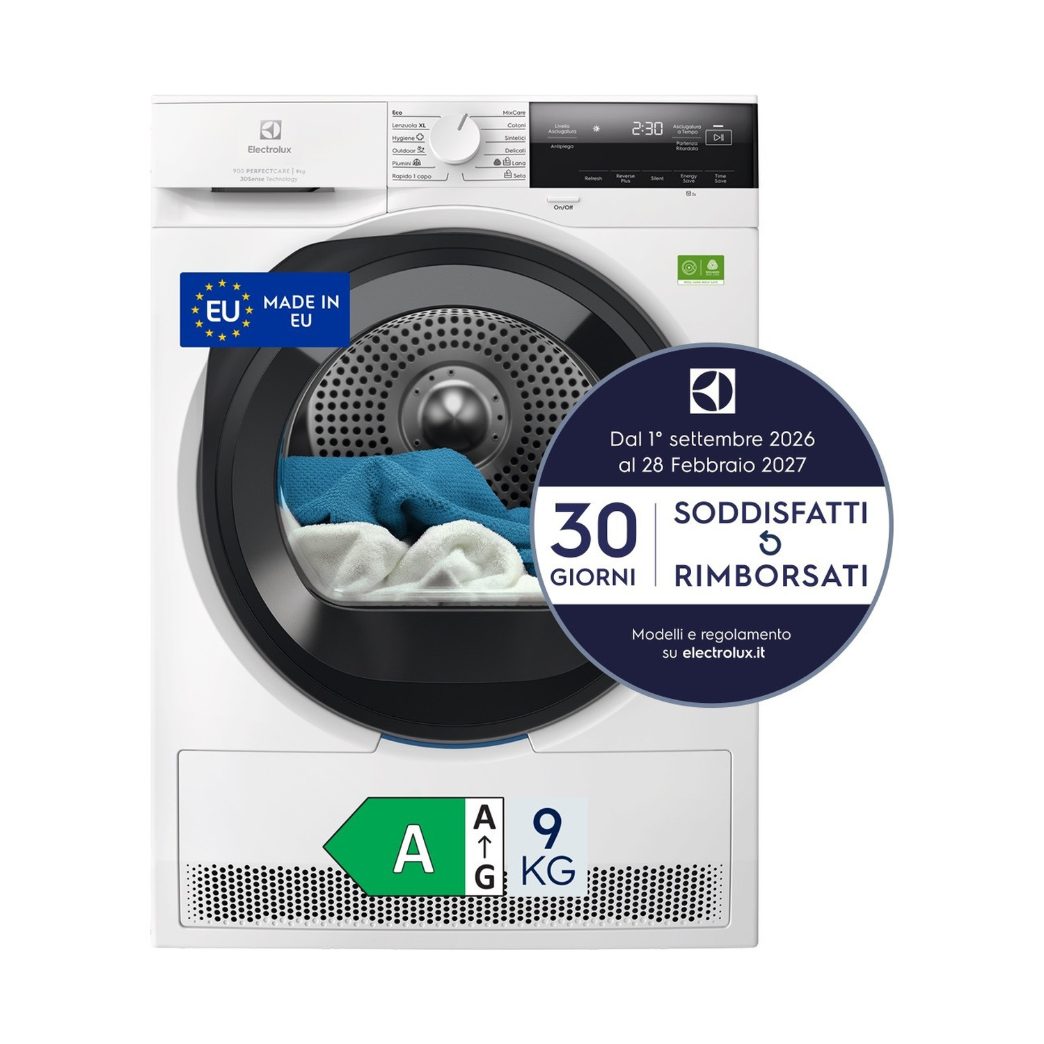 Asciugatrice ELECTROLUX EW9H39A, a pompa di calore, 9 kg, profondità 63,6 cm, funzione Refresh, Silent, Enery Save,  time save, Classe A