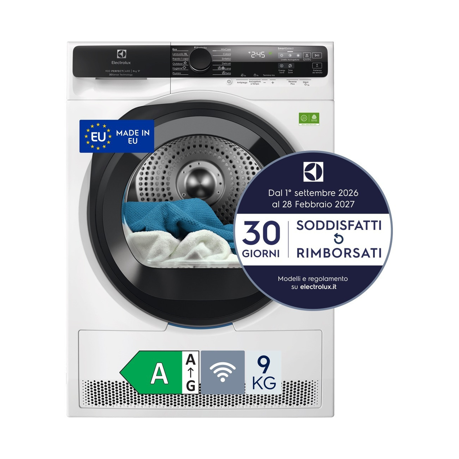 ASCIUGATRICE ELECTROLUX EW9H59A A pompa di calore, 9 kg, profondità 63,6 cm, 60 dB(A), Bianco, Classe A