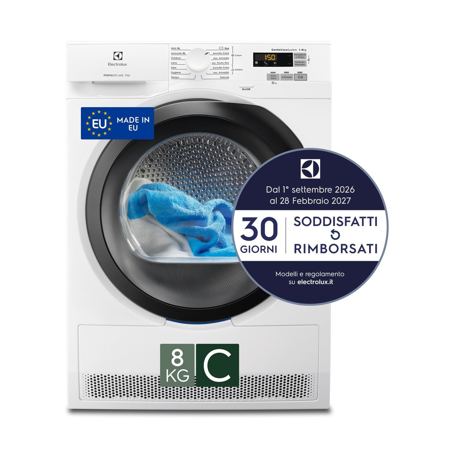 Asciugatrice bianca Electrolux con bucato blu nel cestello e adesivo fatto in UE.