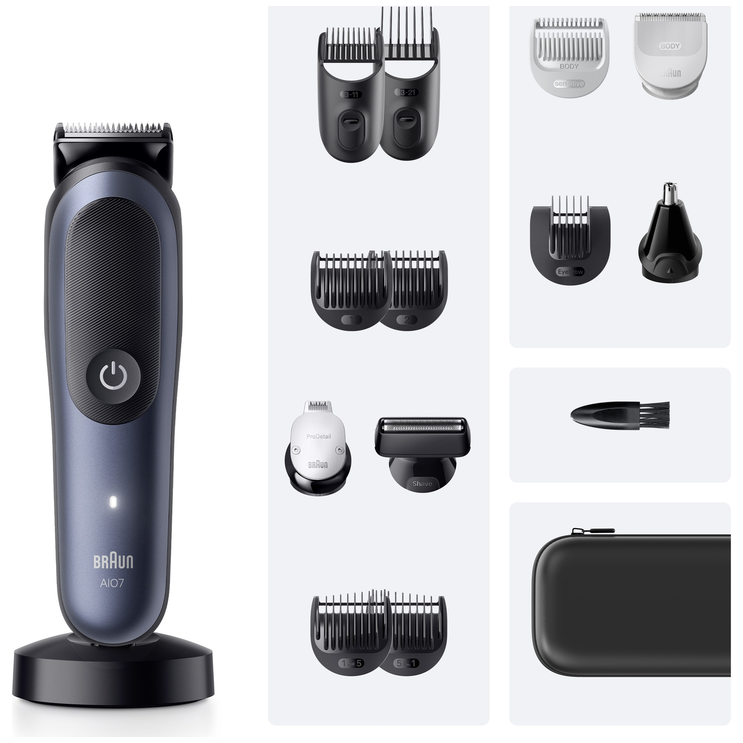 Tondeuse Braun grise avec divers accessoires, têtes de rasage, brosse de nettoyage et étui sur fond clair.