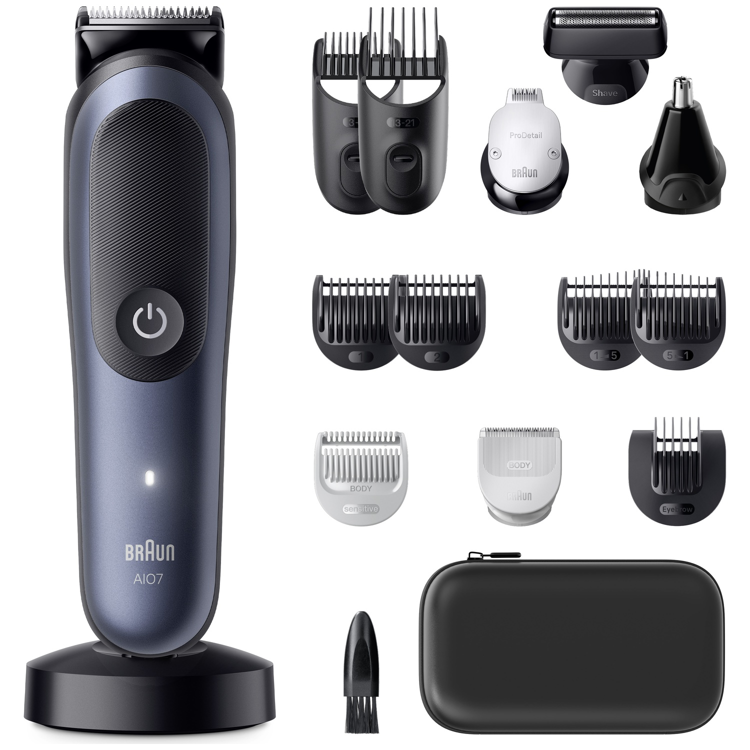 Tondeuse à barbe Braun grise avec divers accessoires, têtes de rasage, brosse de nettoyage et étui sur fond blanc.