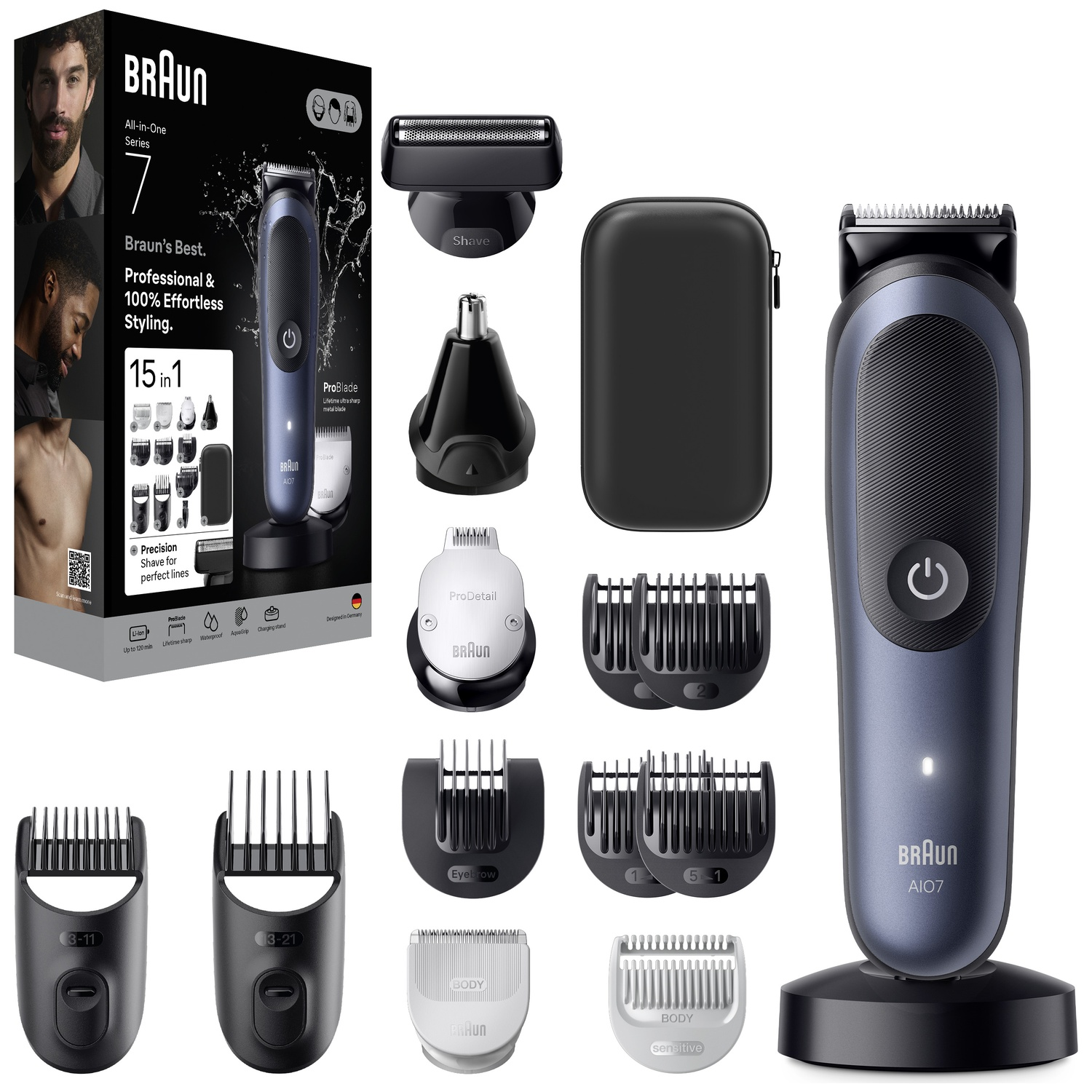 Kit de rasage Braun All-in-One Series 7 avec divers accessoires, tête de rasoir, étui et socle de charge sur fond blanc.