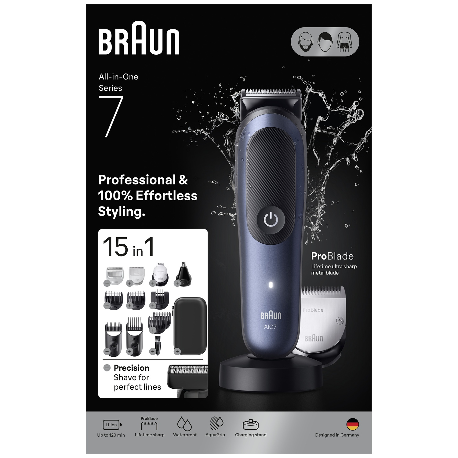 Kit de rasage Braun All-in-One Series 7 noir avec accessoires sur fond noir.