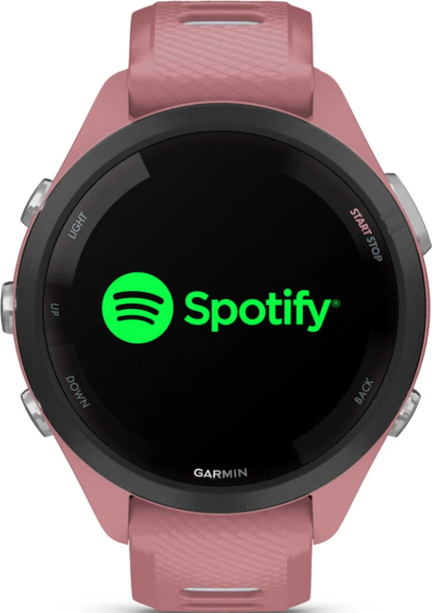 Rosa Garmin-Sportuhr mit schwarzem Rand zeigt das grüne Spotify-Logo auf dem Display.