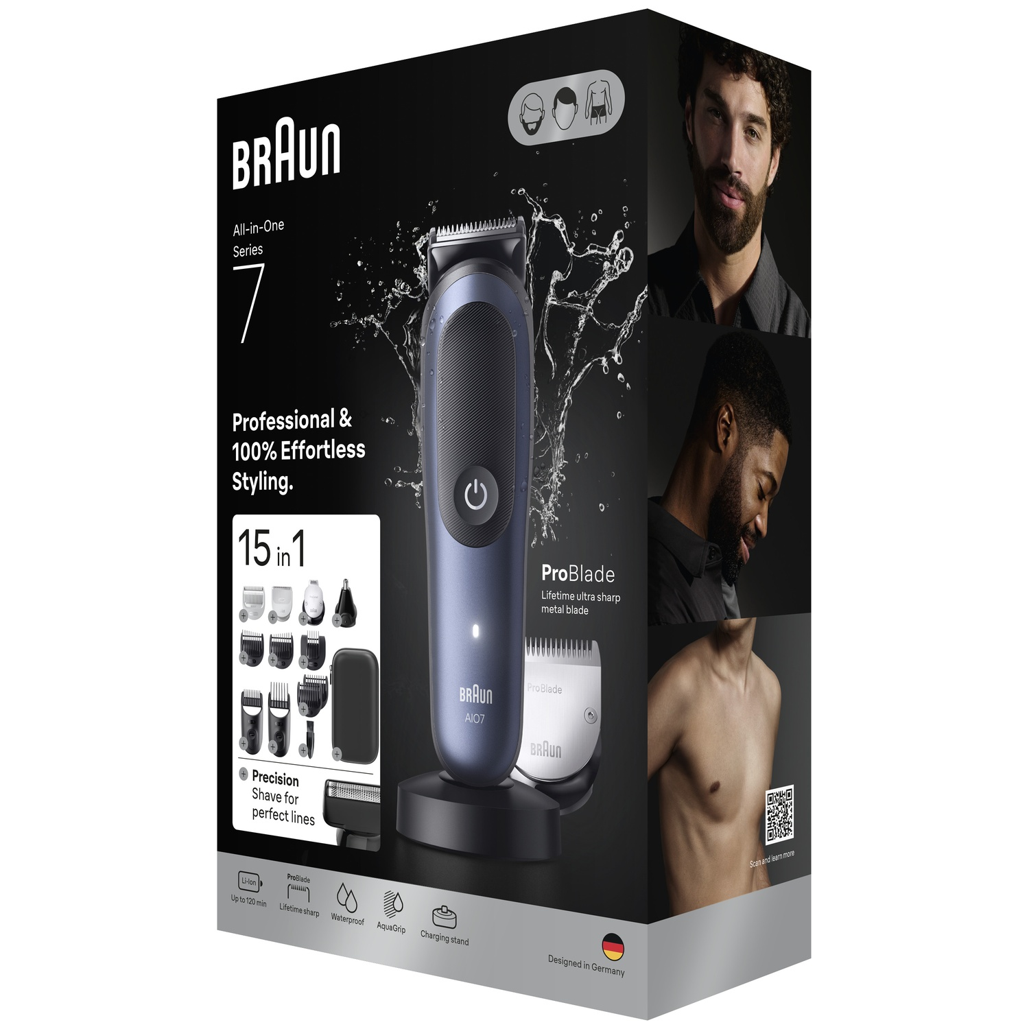 Ensemble de tondeuse Braun All-in-One Series 7 sur emballage noir avec accessoires.