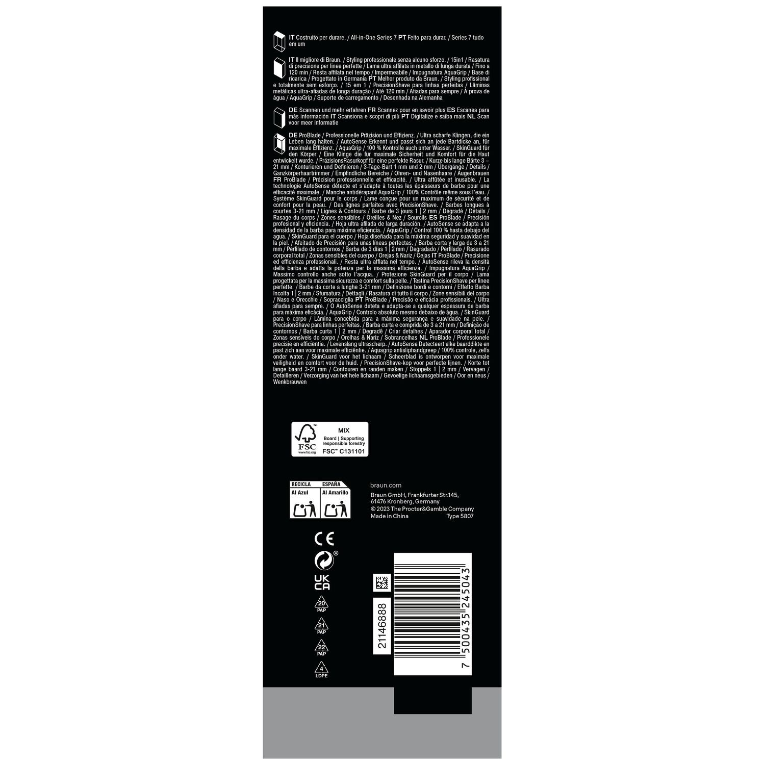 Dos d'un emballage Braun avec du texte en plusieurs langues, logo FSC, code-barres et informations fabricant.