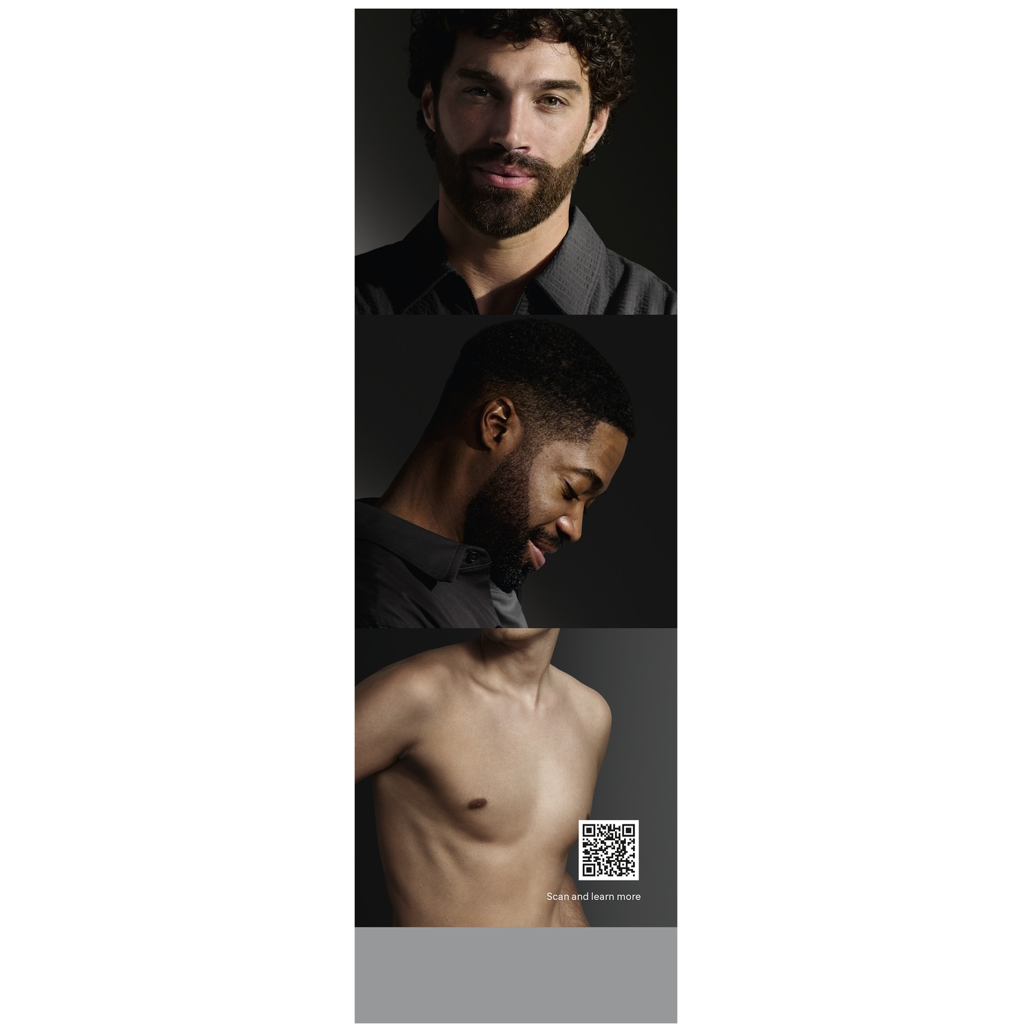Trois images empilées d'hommes barbus et un code QR en bas.