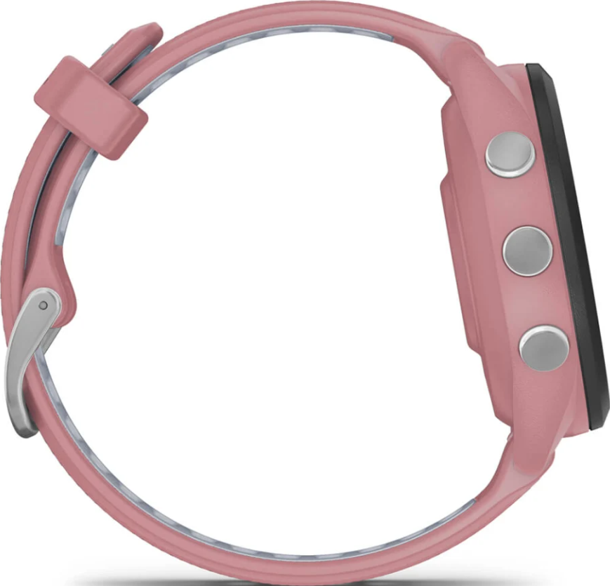 Seitenansicht einer rosa Sportuhr mit drei silbernen Knöpfen und Silikonarmband.
