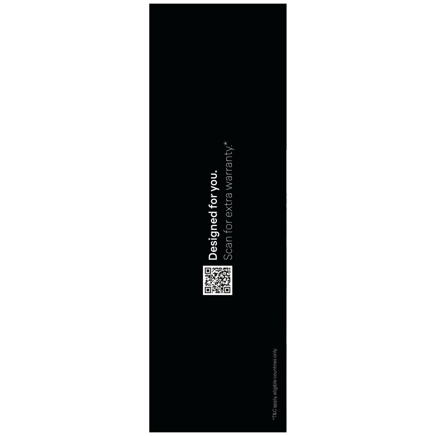 Étiquette noire avec texte blanc et code QR pour garantie supplémentaire.