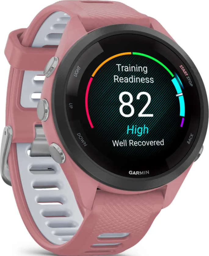 Eine rosafarbene Garmin-Sportuhr mit einem hellen Silikonarmband und schwarzem Display, das Trainingsbereitschaft anzeigt.