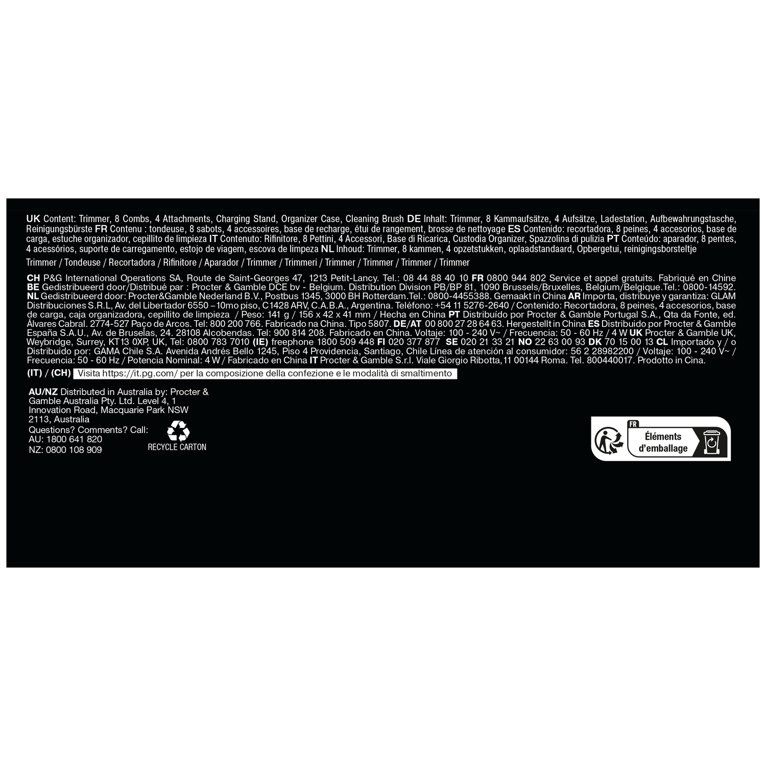 Emballage de produit avec texte multilingue et consignes de recyclage sur fond noir.