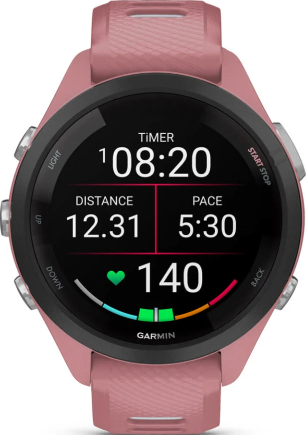 Rosa Sportuhr mit schwarzem Display, das Timer, Distanz, Tempo und Puls anzeigt.