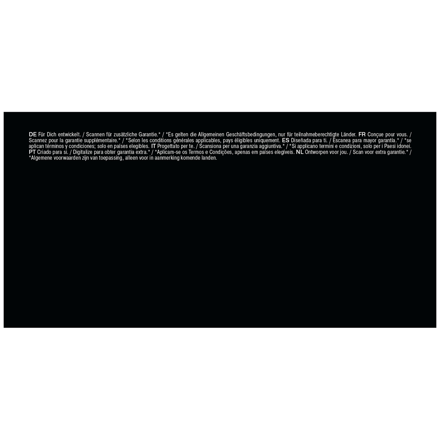 Texte multilingue sur fond noir concernant les conditions de garantie.