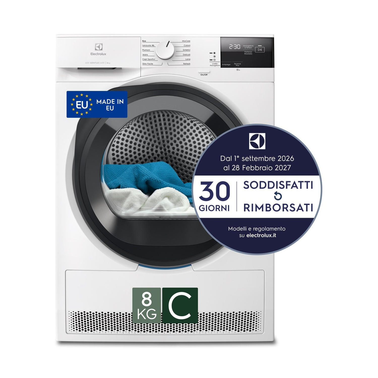 Asciugatrice bianca Electrolux con bucato blu e bianco all'interno e adesivo promozionale blu.