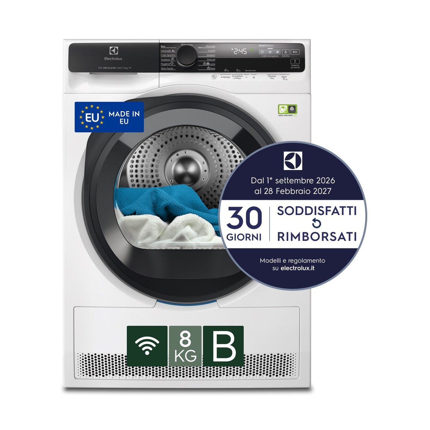 ASCIUGATRICE ELECTROLUX EW7H58GY A pompa di calore, 8 kg, profondità 63,6 cm, 63 dB(A), BIANCO, Classe B