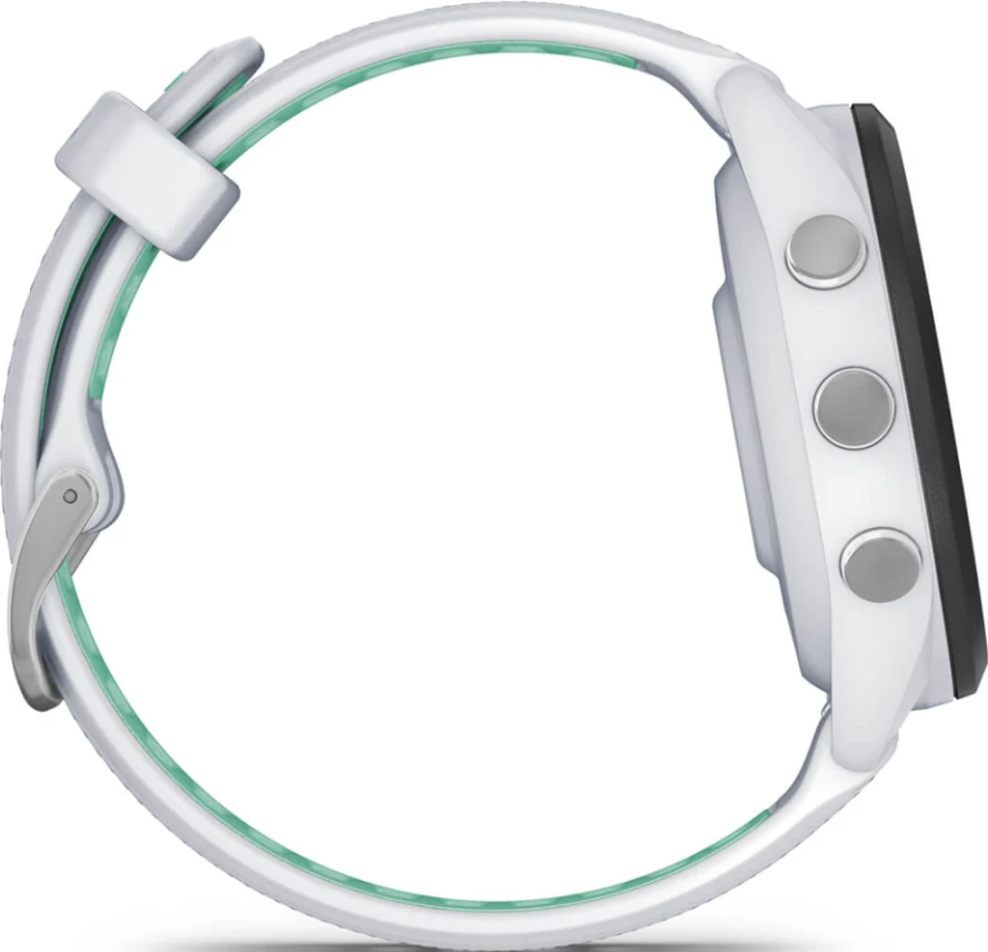 Seitenansicht einer weißen Sportuhr mit grünem Armband und drei silbernen Knöpfen auf weißem Hintergrund.