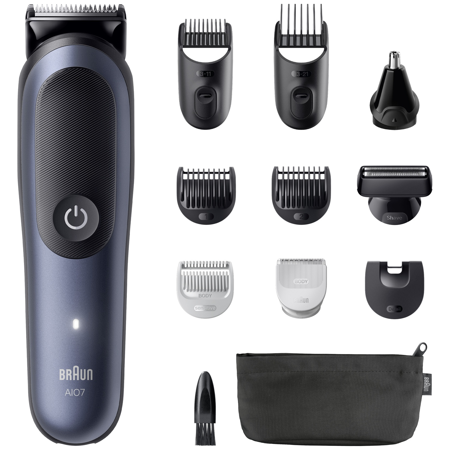 Braun baardtrimmer met diverse kammen, scheerkop, etui en reinigingsborstel op een witte achtergrond.
