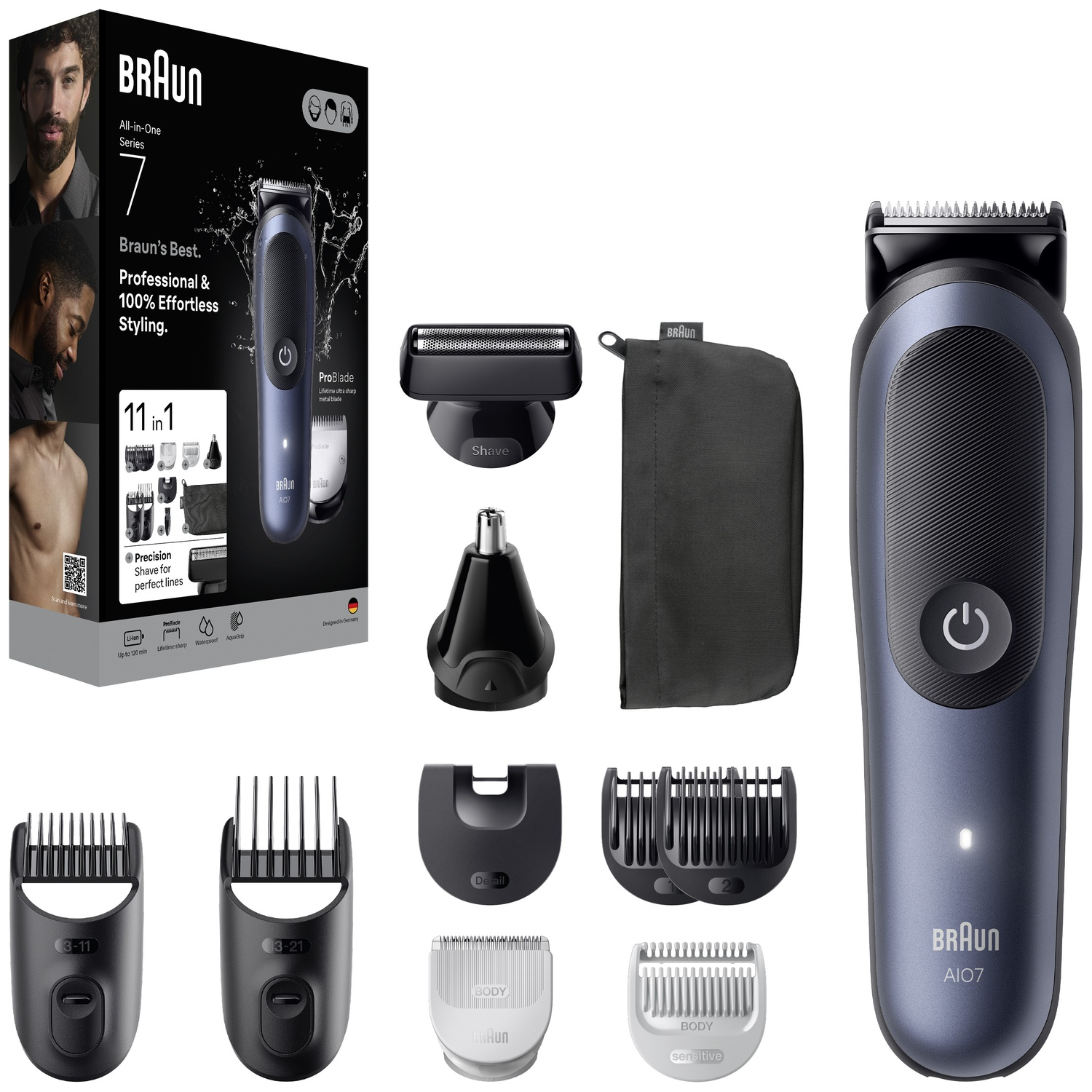 Braun Series 7 alles-in-één trimmer getoond met verpakking, opzetstukken en accessoires.