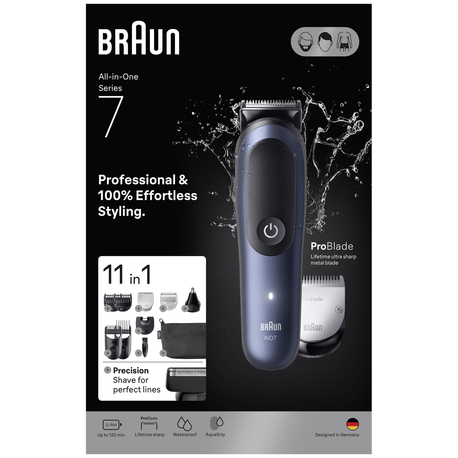 Reclameposter voor de Braun All-in-One Series 7 trimmer met waterspetters en accessoires.