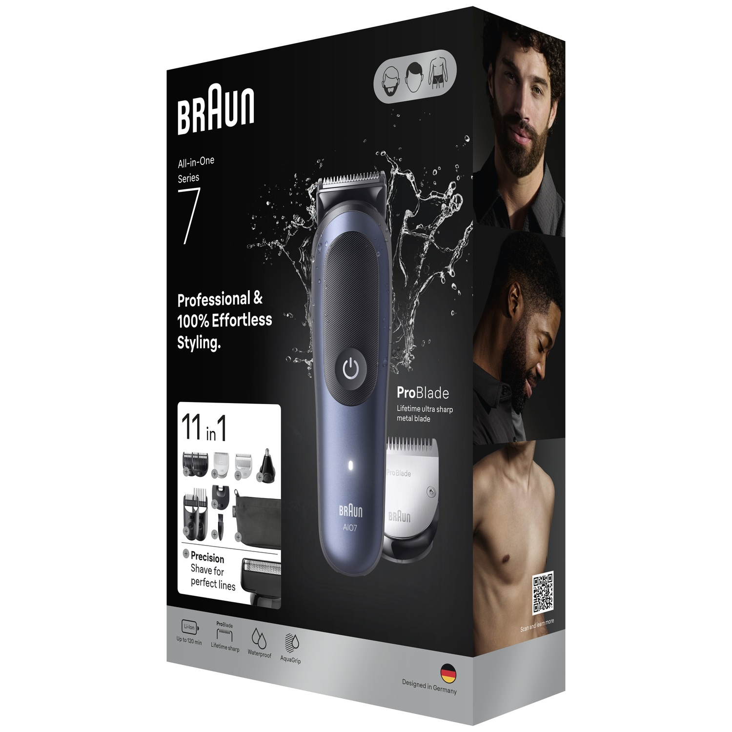 Verpakking van de Braun All-in-One Trimmer Series 7 met accessoires en waterspetters.