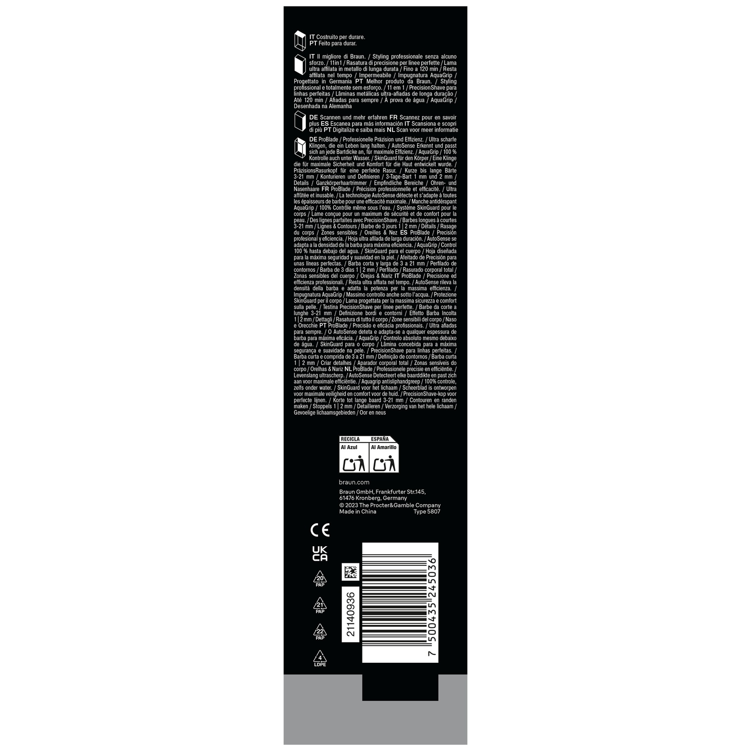 Achterkant van een productverpakking met tekst, fabrikantinformatie en streepjescode.