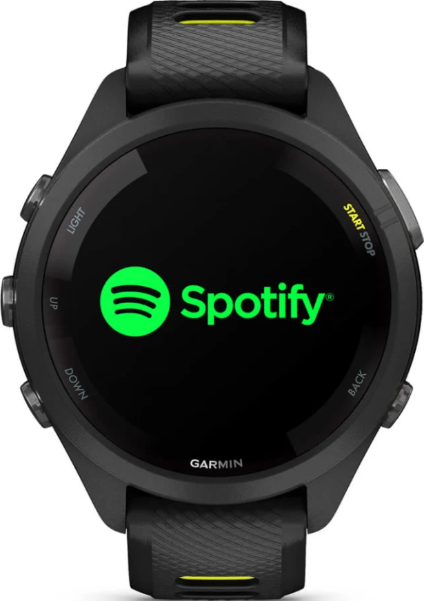 Eine schwarze Garmin-Sportuhr mit dem hellgrünen Spotify-Logo auf dem runden digitalen Bildschirm.