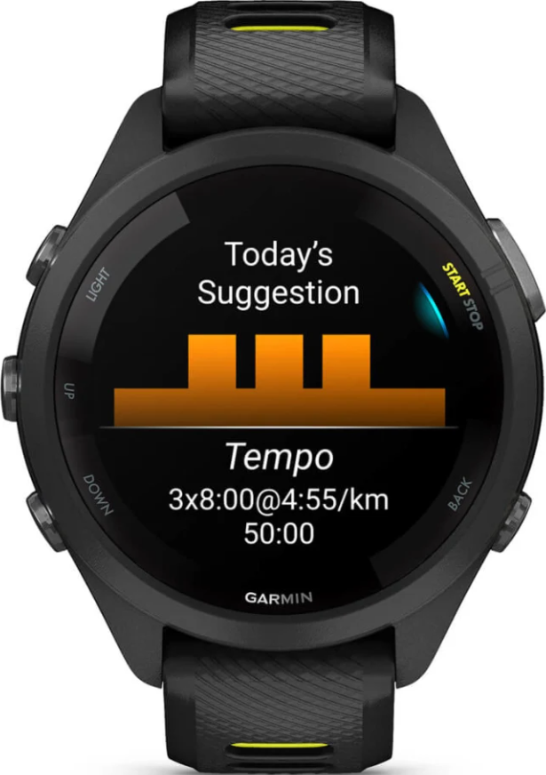 Schwarze Garmin-Sportuhr mit einem Display für den Trainingsvorschlag Tempo.