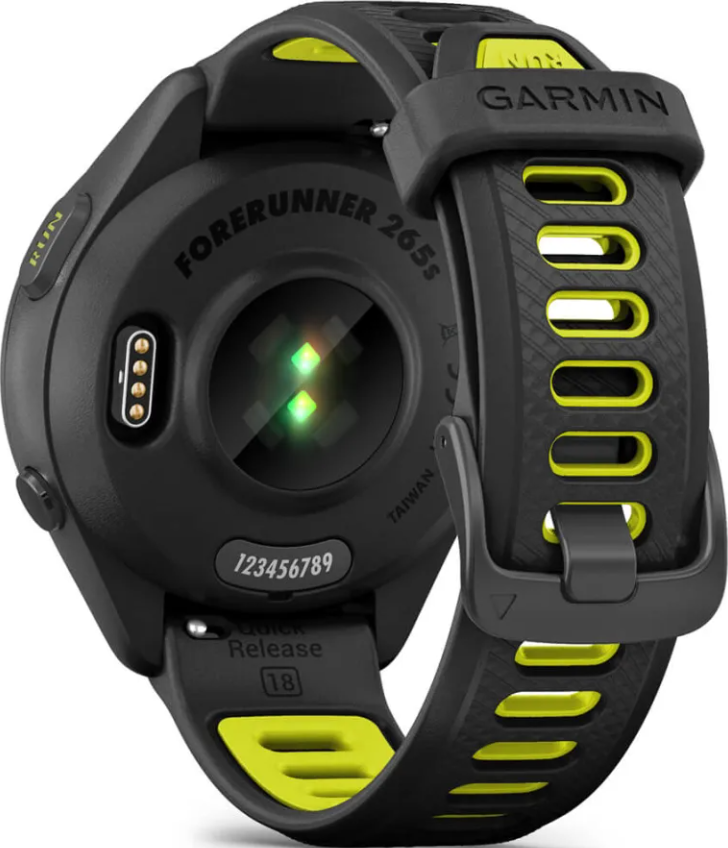 Rückseite einer schwarzen Garmin Forerunner 265s Sportuhr mit gelben Akzenten und leuchtenden Sensoren auf weißem Grund.