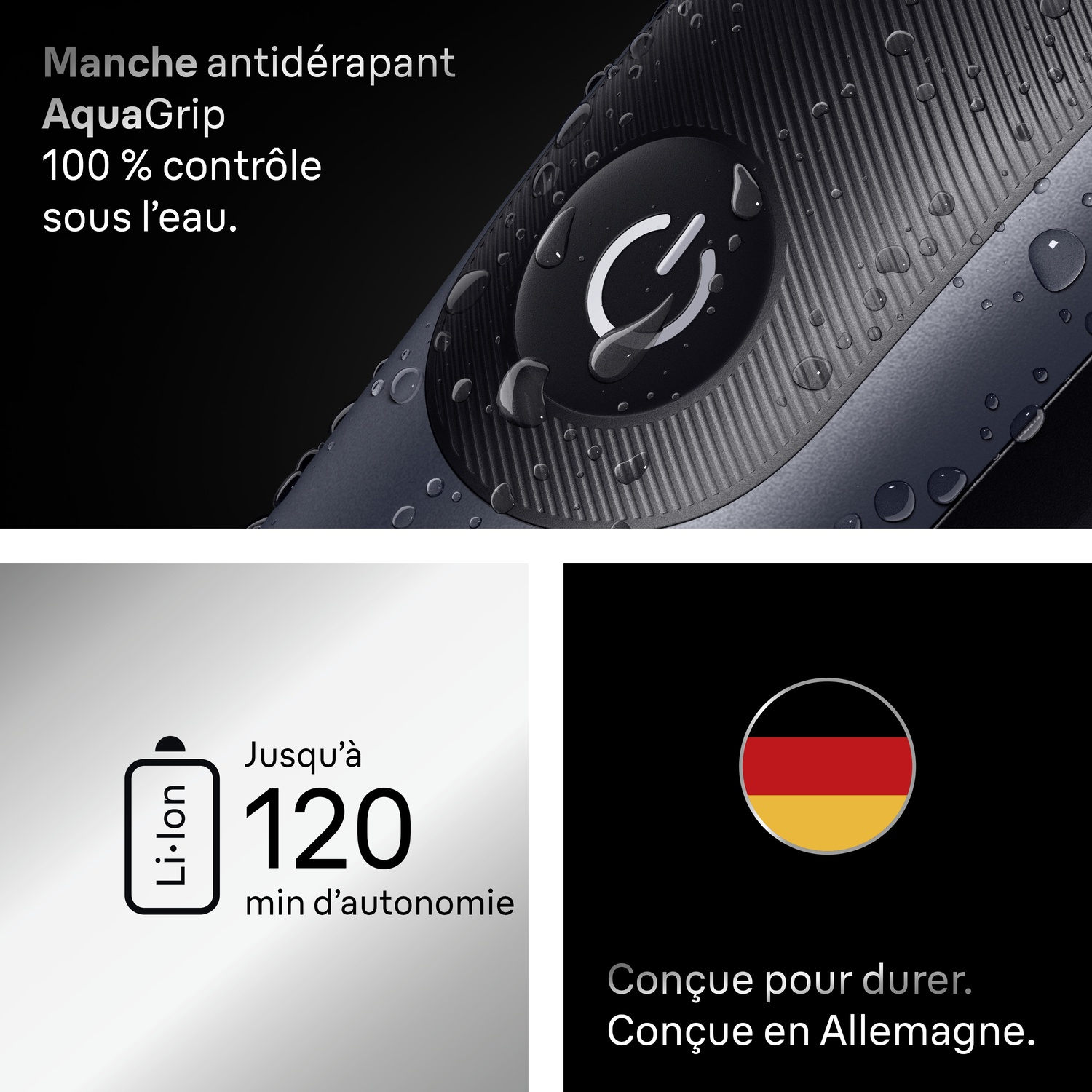 Rasoir étanche avec manche antidérapant, 120 minutes d'autonomie et conçu en Allemagne.