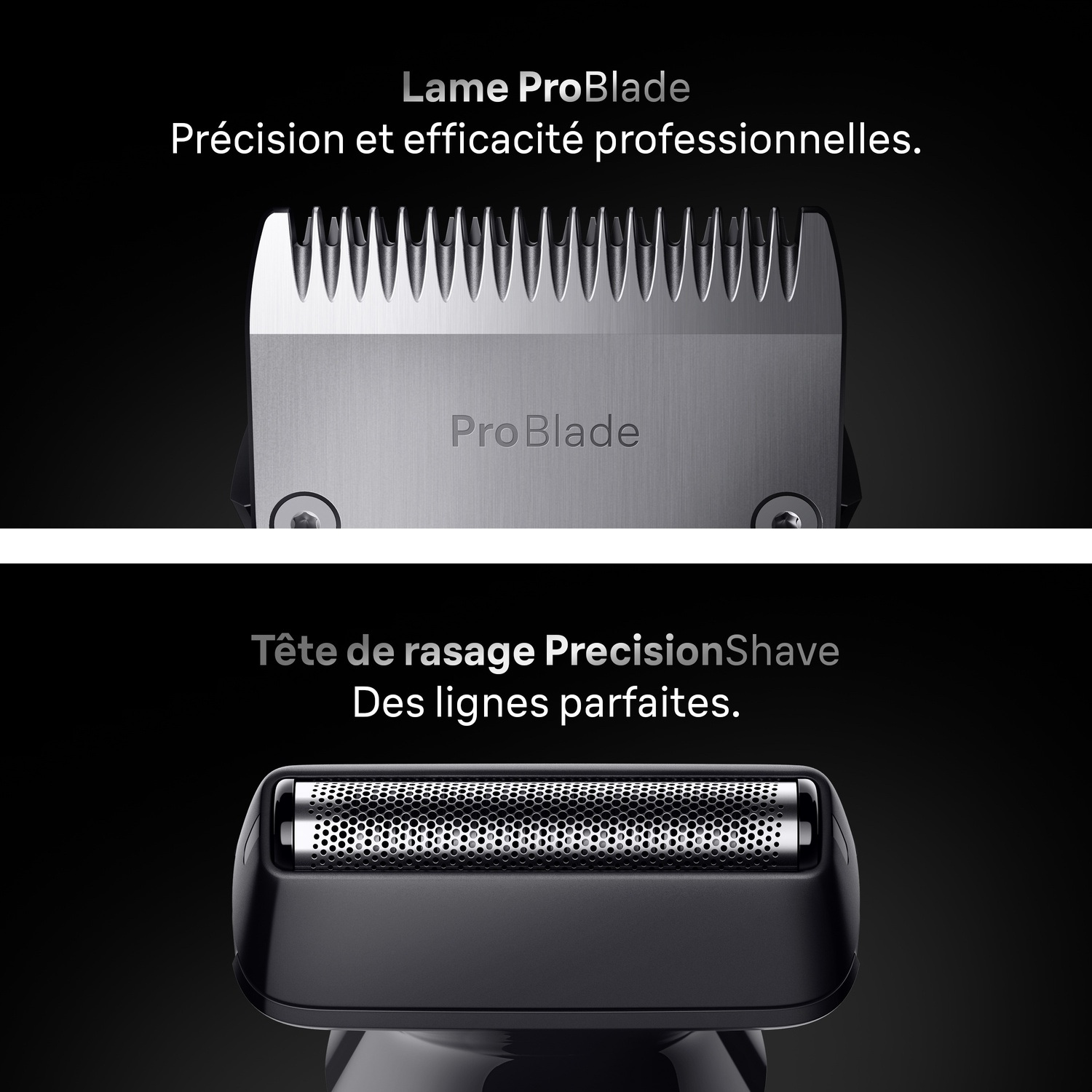Gros plan d'une lame en métal et d'une tête de rasoir sur fond noir avec du texte en français.
